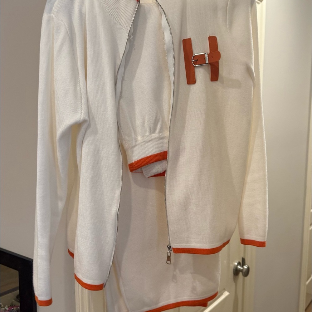 NEW H White and Orange Women's Straight Leg SET with jacket and pant- knit